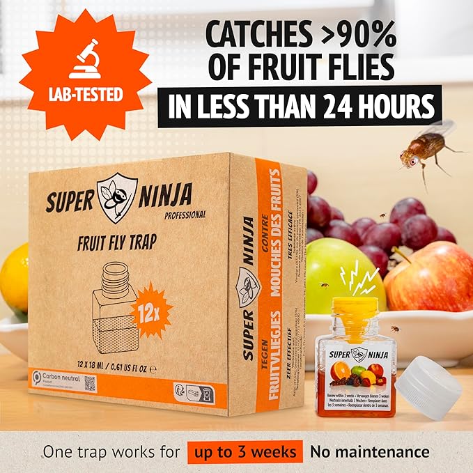 Super Ninja Fruit Fly Traps for Indoors - 12 Pack, Highly Effective Fruit Fly Catcher for Indoor Use for Home & Kitchen, Up to 3 Weeks of Performance per Bottle, Kid & Pet Friendly