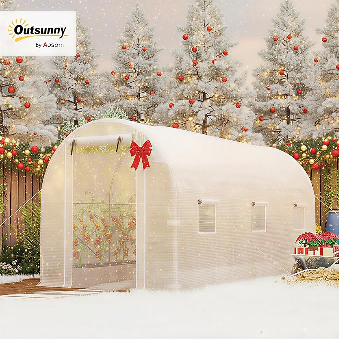 Outsunny 14.6'x6.5'x6.6' Hoop House Greenhouse with 2 Support Rods, Zippered Roll-up Mesh Door, Mesh Windows, Walk-in Tunnel Greenhouse with PE Cover, Galvanized Steel Frame, Outdoor Garden, White