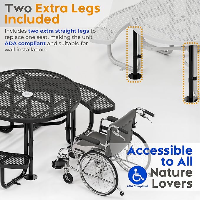 Metal Picnic Tables for Outdoors with Umbrella Hole - Coated Steel Heavy Duty Commercial Grade Furniture Set with Adjustable Seats (Black, 46 in, Round, Punched Steel)