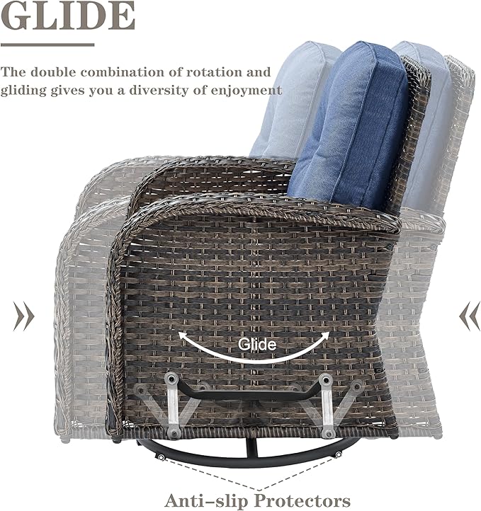 Patio Furniture Swivel Glider PE Wicker Chairs, Outdoor Swivel Rocker Seating with Cushions for Porch Deck Balcony, Brown Wicker Blue Cushion