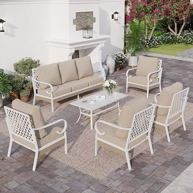 SUNSHINE VALLEY 6 Piece Metal Outdoor Patio Furniture Set, Patio Conversation Sets 1 3-seater Sofa, 4 Single Sofa with 5.75" Extra Thick Cushion and Coffee Table, White Frame Backyard Furniture, Beige