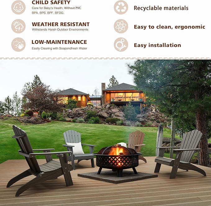 Psilvam Oversized Adirondack Chair, Fade-Resistant & Odor-Free Poly Lumber Fire Pit Chairs with Cup Holder, Weatherproof Lawn Chair, Easy 15 Min Install Patio Chair, 350 Lbs Support (4, Light Gray)