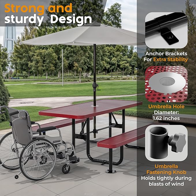 Commercial Heavy-Duty Metal Picnic Table - ADA Compliant, Adjustable Seats, Umbrella Hole (Red, 6' Rectangular, Punched Steel)