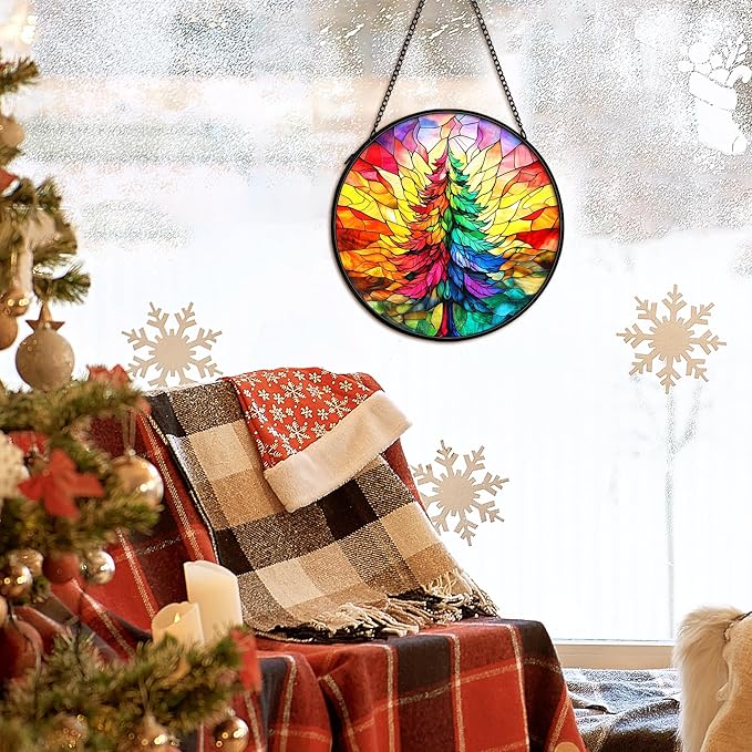 cvjutf Christmas Tree Suncatcher Stained Glass Window Hanging Decor, Colorful Xmas Tree Stained Glass Wall Decor, Christmas Garden Sun Catchers Indoor Window Hanging Wall Art Lawn, 7.9x7.9 Inch