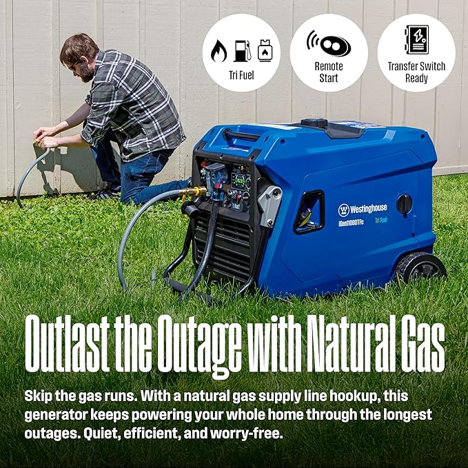 Westinghouse 11000 Peak Watt Tri-Fuel Portable Inverter Generator, Remote Start, Transfer Switch Ready, Gas/Propane/Natural Gas Powered, Low THD, Safe for Electronics, Parallel Capable, CO Sensor
