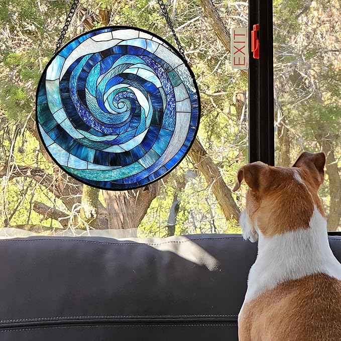 CRISGIF Stained Glass Window Hanging - Blue Abstract Swirl Suncatcher for Doors Garden Patio Unique Sun Catchers Decor Christmas Mother's Day Birthday Gifts for Women Men Mom Nana Friend 7.8 in