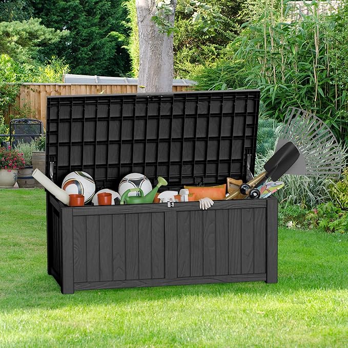 150 Gallon Deck Box, Resin Outdoor Indoor Waterproof Storage Box, Lockable Storage Box With Handle for Patio Furniture - Garden Tools - Swimming Pool Tools UV-Resistant, Black