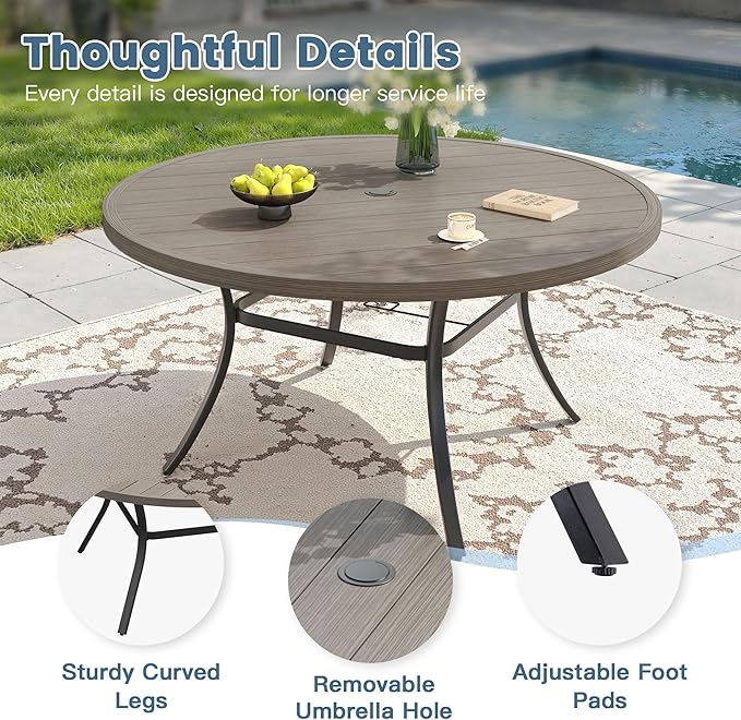 DIFY 60" Round Outdoor Patio Dining Table for 8-10, Metal Patio Table with 1.57" Adjustable Umbrella Hole, All-Weather Dining Furniture Table for Backyard Lawn Garden, Grey Wood-Like