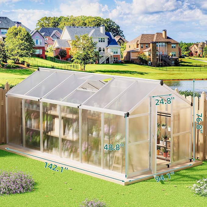 Garvee 8x12 FT Greenhouse - Aluminum Greenhouses for Outdoors, Large Polycarbonate Greenhouse with Roof Vent, Heavy Duty Walk-in Green Houses for Outside Garden, Backyard, Patio, Lawn, Easy Assembly