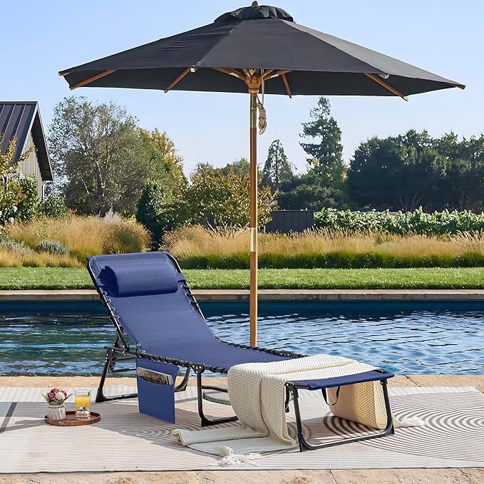 Flamaker Foldable Chaise Lounge Chair 5-Position Adjustable, Tanning Chair with Side Pocket, Outdoor Sunbathing for Pool, Beach, Patio, Lawn, Indoor Recliner Chair for Napping(Blue, 1 Pcs)