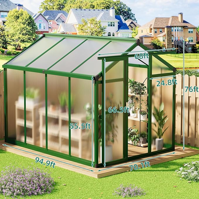 6x8FT Walk in Greenhouse with Reinforced Aluminum Alloy Frame & Snap in Polycarbonate Panels, Adjustable Roof Vent & Rainwater Gutter for Year Round Plant Growth in Garden, Patio, Backyard