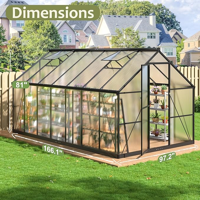 8x14 FT Green House for Outdoors, Quick Setup Polycarbonate Greenhouse with Roof Vent, Aluminum Large Walk-in Greenhouse for Outside Garden Backyard, Black