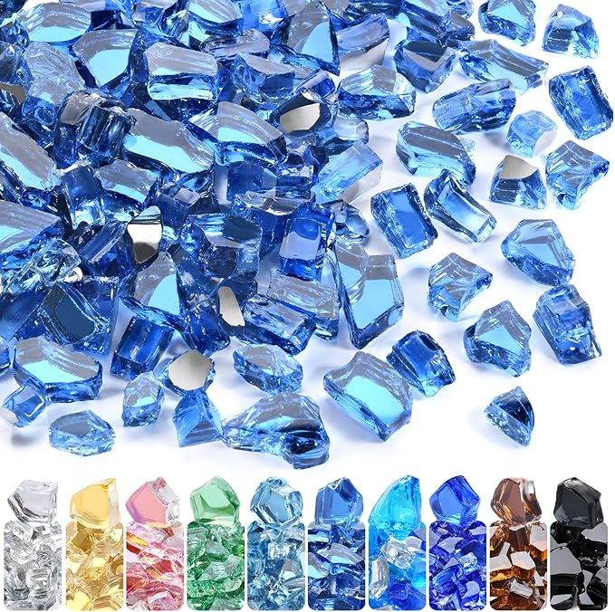GasSaf 1/2 Inch Fire Glass Reflective Tempered Fireglass Cut Crushed FireGlass for Fire Pit, Fireplace, Replaces Existing Gas Logs & Lava Rocks (20 Pound)(Pacific Blue Reflective)