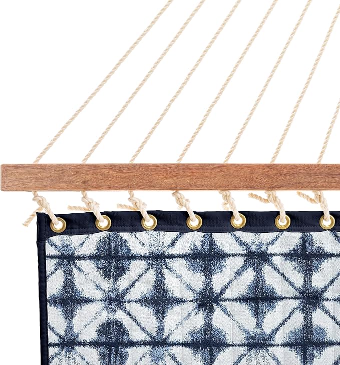 Nags Head Hammocks Midori Indigo Sunbrella Quilted Hammock – 13 ft. x 55 in., 450 lb Capacity, Cumaru Spreader Bar, Rolled Rim Grommets, Handcrafted in The Carolinas