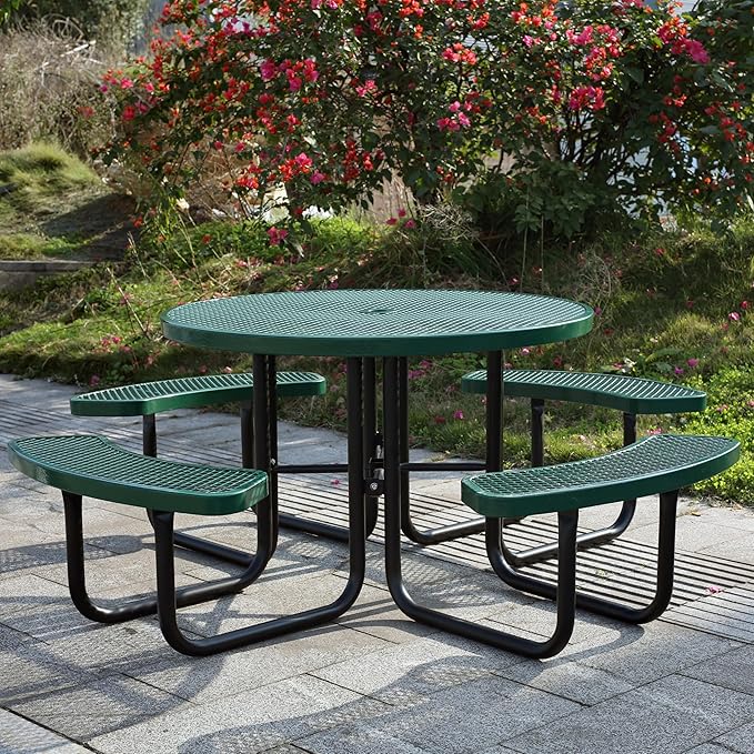 Sunnibety 8-Person Picnic Tables for Outdoors, Industrial 46" Expanded Metal Round Picnic Table with 4 Benches & Umbrella Hole, Outside Table and Bench Set for Park, Garden, Backyard, Patio, Green