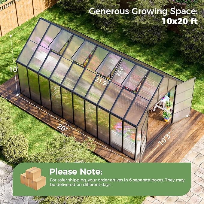 20x10x10 FT Outdoor Greenhouse, Easy Assembly Large Thicker Aluminum Polycarbonate Kit, 4 Vent Windows, Swing Door, Walk-in, for Sunroom, Patio, Backyard