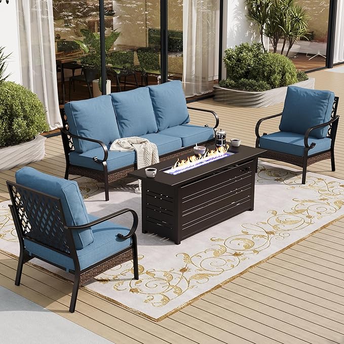 SUNSHINE VALLEY 4 Piece Black Metal Outdoor Patio Furniture Sets with Firepit Table, Patio Conversation Sets 1 3-Seater Sofa, 2 Chairs with 5.75" Thick Cushion Backyard Furniture for Deck, Denim Blue