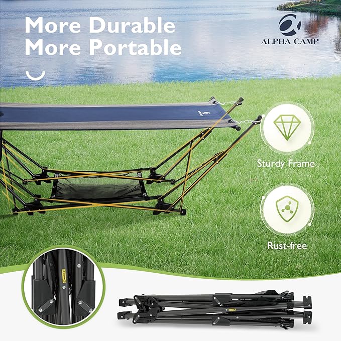 ALPHA CAMP Portable Hammock with Stand Included, Free Standing Hammock for Outside Heavy Duty, Outdoor Self Standing Hammock Foldable with Storange Net for Backyard Camping Beach 330lbs Capacity