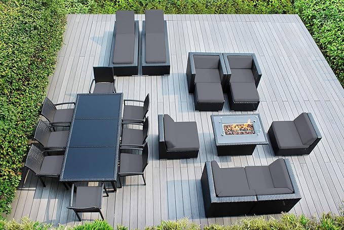 20 Piece Outdoor Patio Furniture Black Wicker Conversation Set with Fully Assembled Sectional and 42-inch Propane Gas Fire Table