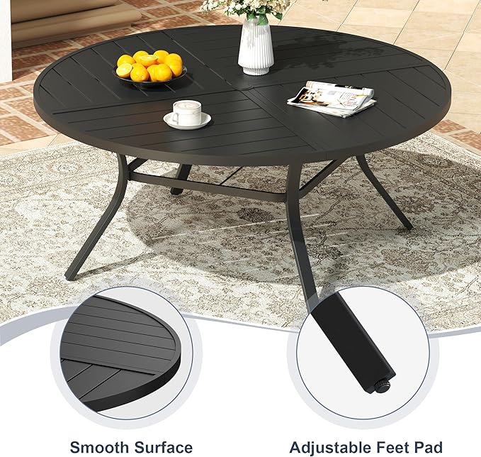 VICLLAX Round Patio Dining Table, 8-10 Person Metal Outdoor Dining Table with Umbrella Hole and Storage Shelf for Garden Lawn Deck, 60" Black