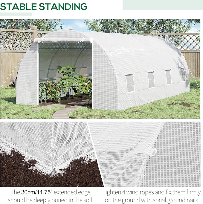 Outsunny 20' x 10' x 7' Walk-in Tunnel Greenhouse with Zippered Door & 8 Mesh Windows, Large Garden Green House Kit, Galvanized Steel Frame, White