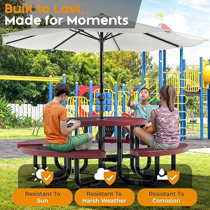 OUTTANS Round Metal Picnic Tables for Kids for Outdoors with Umbrella Hole, Adjustable Seats for School, Park, Playground (Red, 38 in, Kids, Expanded Steel)