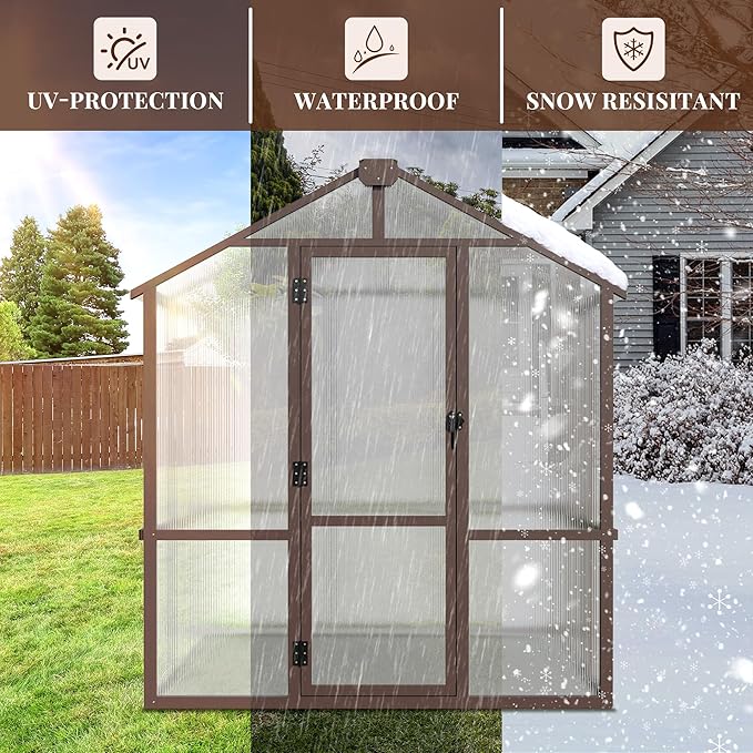 6x12 FT Wooden Greenhouse, Polycarbonate Greenhouse with Adjustable Roof Vents and 6MM Thick Polycarbonate Panel, Walk-in greenhouses for Outdoors for Garden Backyard, Patio, Lawn, Brown