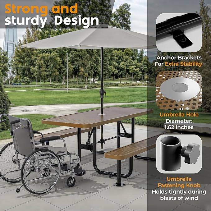 Commercial Heavy-Duty Metal Picnic Table - ADA Compliant, Adjustable Seats, Umbrella Hole (Brown, 6' Rectangular, Punched Steel)