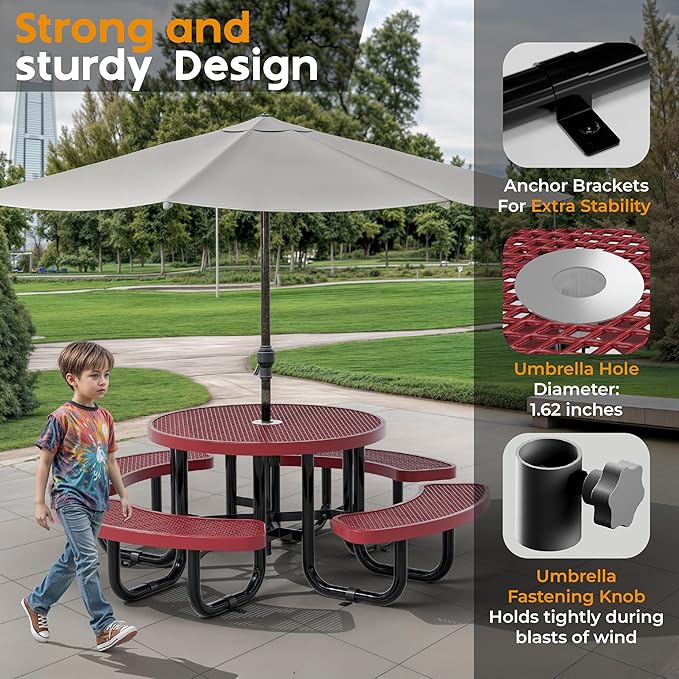 OUTTANS Round Metal Picnic Tables for Kids for Outdoors with Umbrella Hole, Adjustable Seats for School, Park, Playground (Red, 38 in, Kids, Expanded Steel)