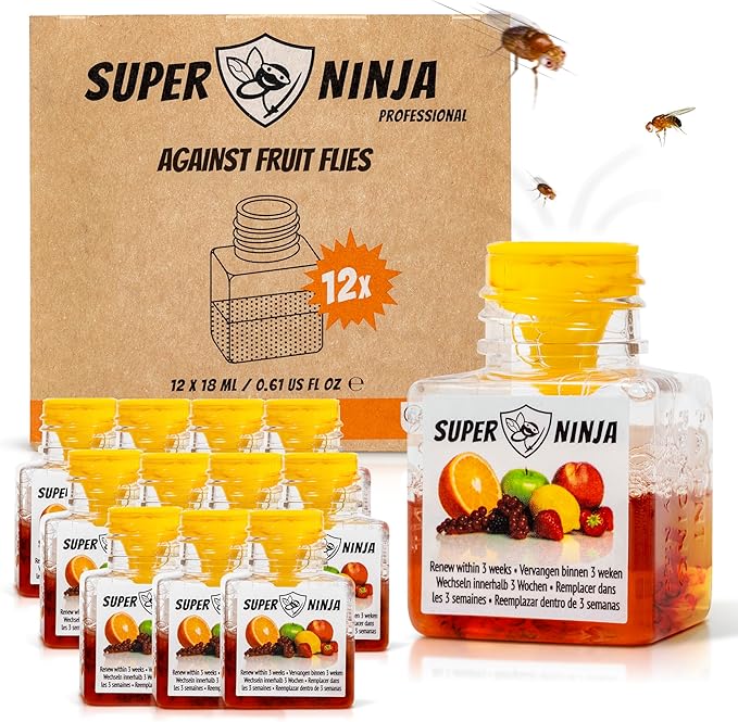 Super Ninja Fruit Fly Traps for Indoors - 12 Pack, Highly Effective Fruit Fly Catcher for Indoor Use for Home & Kitchen, Up to 3 Weeks of Performance per Bottle, Kid & Pet Friendly