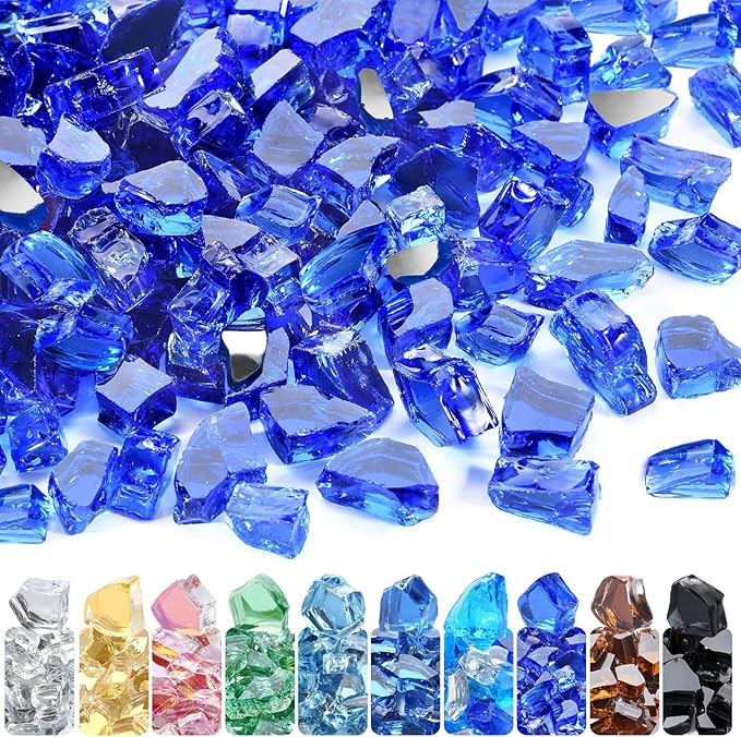 GasSaf 1/2 Inch Fire Glass Reflective Tempered Fireglass Cut Crushed FireGlass for Fire Pit, Fireplace, Replaces Existing Gas Logs & Lava Rocks (10 Pound)(Cobalt Blue Reflective)
