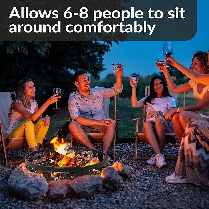 Sunnydaze 36-Inch Outdoor Fire Pit Ring with Poker - Round Heavy-Duty Steel Fire Ring for Camping or Backyard - 4-Star - 12" H