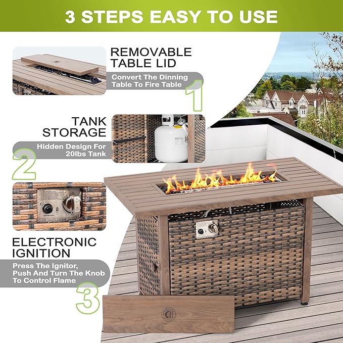 Nuu Garden 43" Propane Fire Pit, CSA-Listed Outdoor Fire Pit Table, 50000 BTU Gas FirePit with Lid, Glass Wind Guard, Glass Beads, 2-in-1 Rectangular FirePit for Outside Backyard, Brown