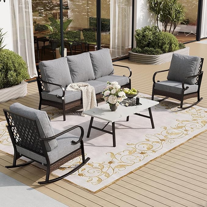 SUNSHINE VALLEY 4 PCS Metal Outdoor Patio Furniture Set, Patio Conversation Sets 1 3-Seater Sofa, 2 Rocking Chairs with 5.75" Extra Thick Cushion & Coffee Table, Black Frame Backyard Furniture, Gray