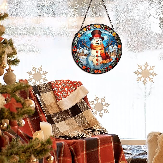 cvjutf Christmas Snowman Suncatcher Stained Glass Window Hanging Decor, Winter Snowman Stained Glass Wall Decor, Christmas Garden Sun Catchers Indoor Window Hanging Wall Art, 7.9x7.9In
