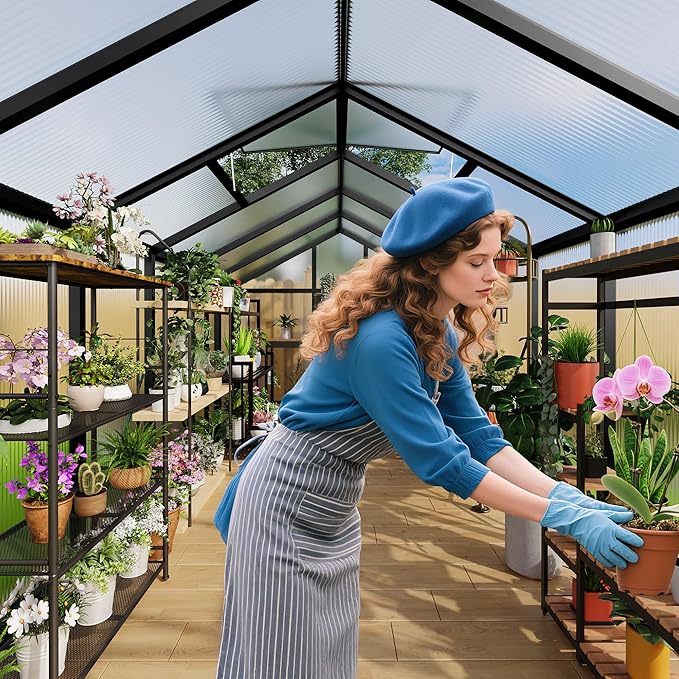 8x10 FT Greenhouse, Polycarbonate Walk-in Greenhouse for Outdoors with Roof Vent & Lockable Outward-Opening Swing Door, Heavy-Duty Aluminum Green House for Garden, Backyard, Patio, Lawn, Dark Grey