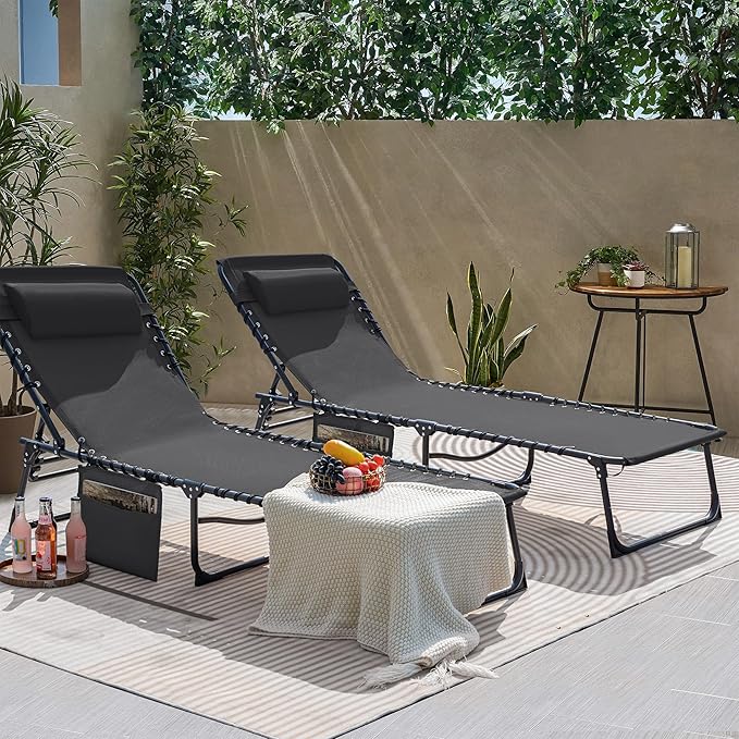Flamaker Foldable Chaise Lounge Chair 5-Position Adjustable, Tanning Chair with Side Pocket, Outdoor Sunbathing for Pool, Beach, Patio, Lawn, Indoor Recliner Chair for Napping(Grey, 1 Pcs)