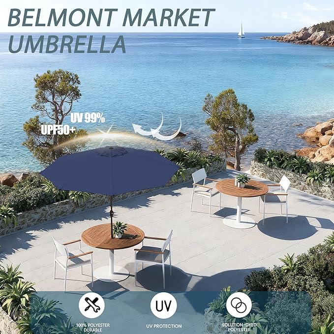 9FT Large Outdoor Patio Umbrella Market Table Umbrella-UV Resistant, Easy Push Button Tilt and Crank, 8 Sturdy Ribs Heavy-Duty Pool Umbrella for Deck, Backyard,Garden,Navy
