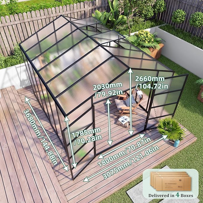 KEIKI 10x12 FT Polycarbonate Greenhouse for Outdoors, Heavy-Duty Aluminum Walk-in Greenhouse with Raised Base, Roof Vent & Drainage System, All-Season Garden Greenhouse, Black