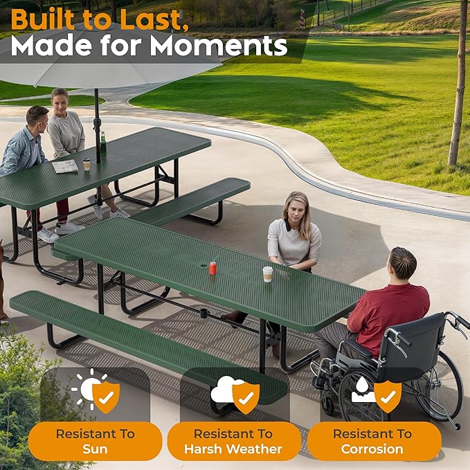 Commercial Heavy-Duty Metal Picnic Table - ADA Compliant, Adjustable Seats, Umbrella Hole (Green, 8' Rectangular, Punched Steel)