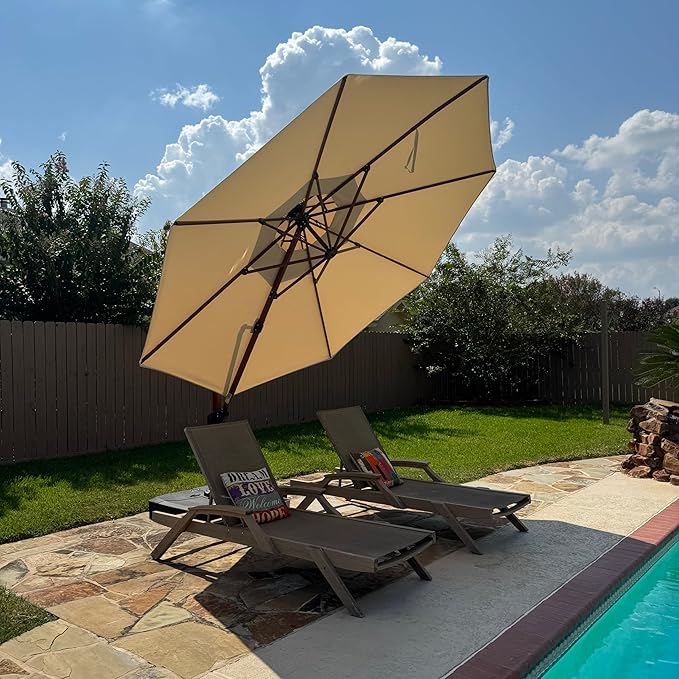 PURPLE LEAF 12ft Patio Umbrella Outdoor Round Large Cantilever Umbrella Windproof Offset Umbrellas Heavy Duty Sun Umbrellas for Garden Deck Pool Patio, Beige