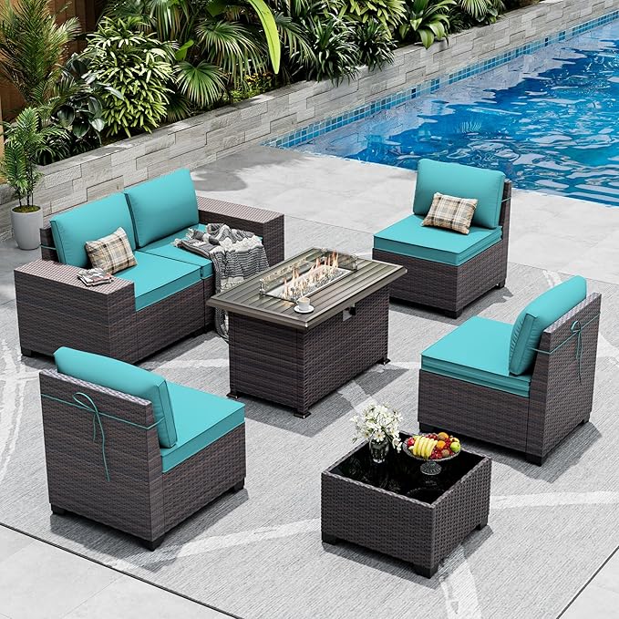 Outdoor Patio Furniture Set with Gas Fire Pit Table, 7 Pieces Patio Furniture Set Outdoor Sectional Sofa w/43in Propane Fire Pit, PE Wicker Rattan Patio Conversation Sets（Blue）.
