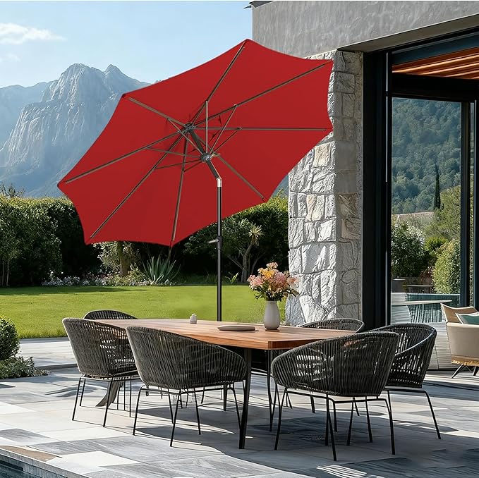 9FT Large Outdoor Patio Umbrella Market Table Umbrella-UV Resistant, Easy Push Button Tilt and Crank, 8 Sturdy Ribs Heavy-Duty Pool Umbrella for Deck, Backyard,Garden,Red