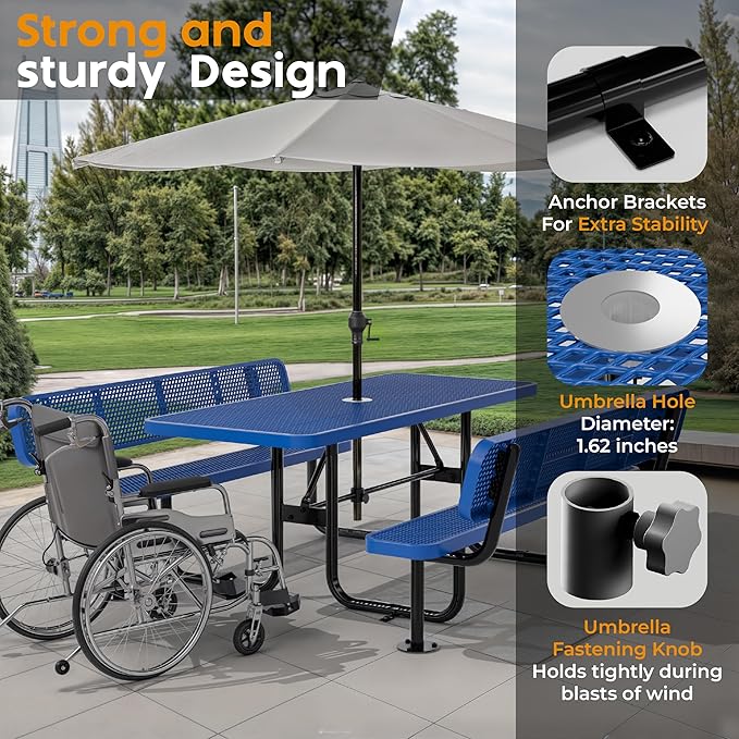 Commercial Heavy-Duty Metal Picnic Table with Backrest - ADA Compliant, Adjustable Seats, Umbrella Hole, Expanded Metal (Blue, 6' Rectangular with Back)