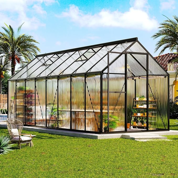 AMERLIFE 6x16 Ft Polycarbonate Greenhouse for Outdoors, Walk-in Design with Aluminum Frame, 2 Windows and Swing Door, Heavy-Duty Greenhouse Construction for Garden, Black