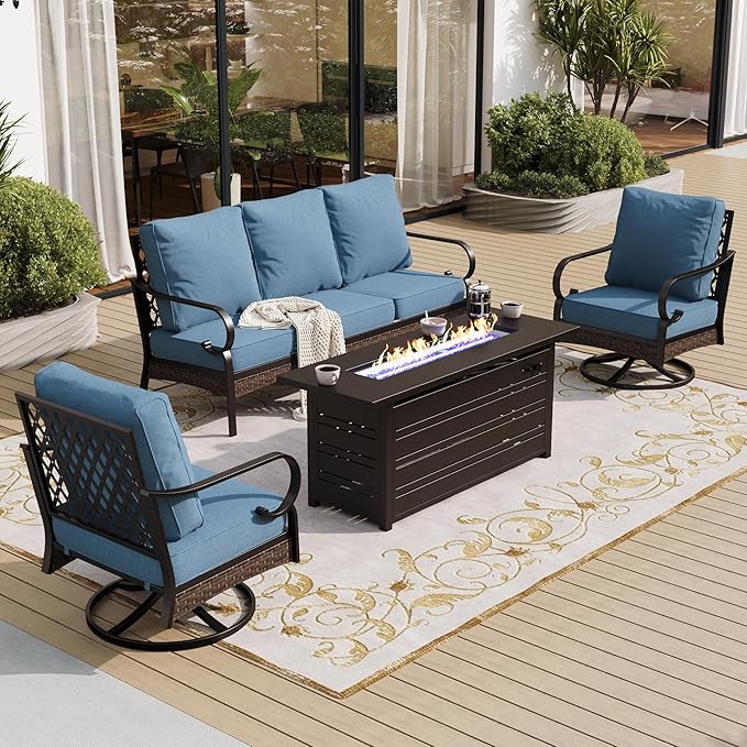 SUNSHINE VALLEY 4 Piece Metal Outdoor Patio Furniture Sets with Firepit Table, Patio Conversation Sets 1 3-Seater Sofa, 2 Swivel Sofa with 5.75" Thick Cushion Backyard Furniture for Deck, Denim Blue