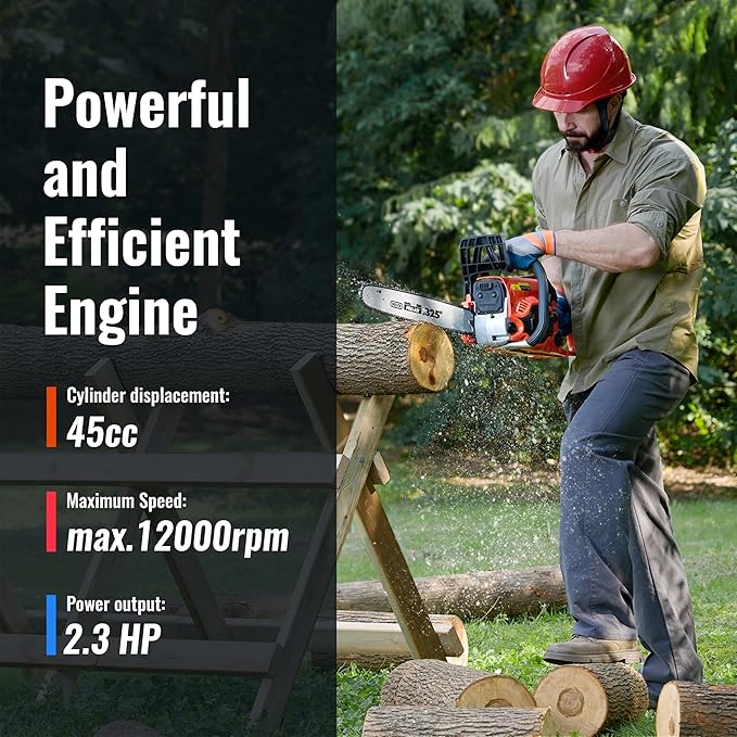 Gas Chainsaw Powered 45CC 18 16 Inch Chainsaw For Tree Trimming Wood Cutting 2.3 HP Handheld Chain Saw Gas With Automatic Oiler Birthday Gift For Husband Man Dad