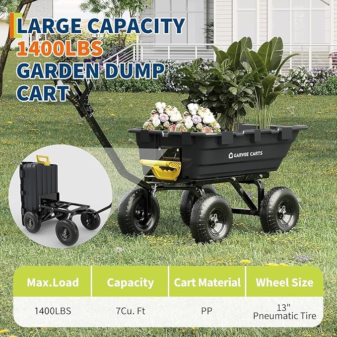 GarveeLife 1400lbs 7Cu.Ft. Garden Dump Cart Tow Behind with 2-in-1 Convertible Handle and 13in All Terrain Wheels, Heavy Duty Poly Pull Behind Yard Dump Wagon ATV Trailer for Lawn Mower Tractor