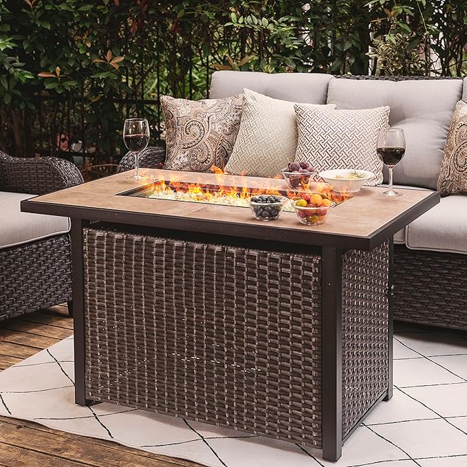 Nuu Garden 43 Inch Outdoor Propane Fire Pit Table 50000 BTU, Patio Gas Fire Pit with Ceramic Tabletop, Weather-Resistant Backyard Fire Table with Oxford Cover, Dark Brown and Coffe