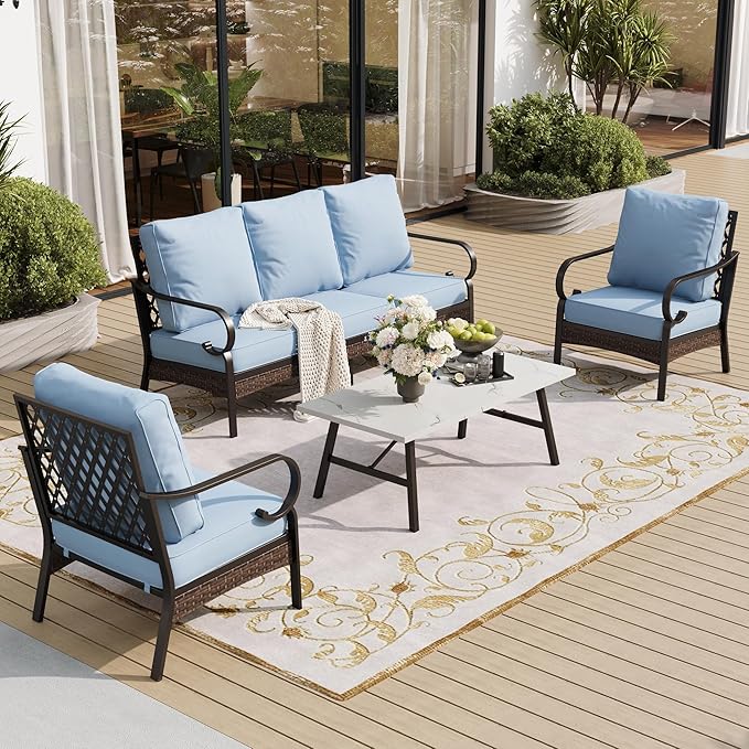 SUNSHINE VALLEY 5 Piece Metal Outdoor Patio Furniture Set, Patio Conversation Sets 1 3-Seater Sofa, 2 Chairs with 5.75" Extra Thick Cushion and Coffee Table, Black Frame Backyard Furniture, Blue